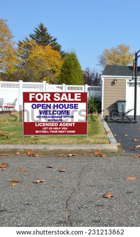 Real Estate For Sale Open House Welcome sign Sign front yard lawn in suburban residential neighborhood clear blue sky USA