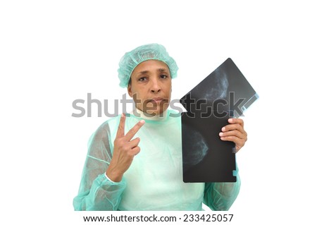 Female health care doctor holding breast exam xray wearing medical uniform isolated on white background