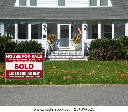 American Flag pole Real Estate sold (another success let us help you buy sell your next home) suburban home entrance residential neighborhood sunny USA day