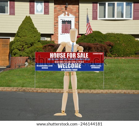 American flag pole Real estate for sale open house welcome sign Suburban High Ranch brick landscaped home with cobble stone curb sunny autumn day residential neighborhood USA