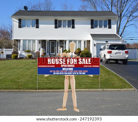 Mannequin holding Real estate for sale open house welcome sign White Suburban High Ranch home clear blue sky autumn day residential neighborhood USA