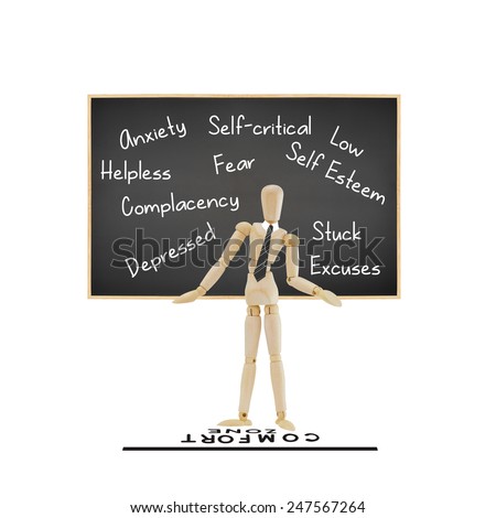 Mannequin wearing gray striped tie standing behind comfort zone line in front of blackboard with low self esteem, fear, stuck, complacency, excuses, helpless, self critical, anxiety isolated on white