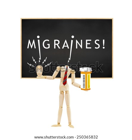Migraine Blackboard Mannequin with head pain face in hand and prescription bottle isolated on white background