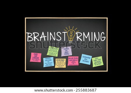 Brainstorming Blackboard: Choose the Right People, Quarantine Idea Crushers, Promote Discussion, Divide and Conquer Ideas Light bulb post it notes isolated on black background