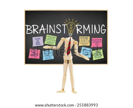 Brainstorming Blackboard: Choose the Right People, Quarantine Idea Crushers, Promote Discussion, Divide and Conquer Ideas Light bulb Mannequin isolated on white background