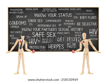 Mannequin Male Female Tested and Know your status button. Blackboard Condoms, HIV positive, Responsible, Be Selective, Self Control, Speak, Honesty, Truth, Question, Protection,Communicate, Knowledge