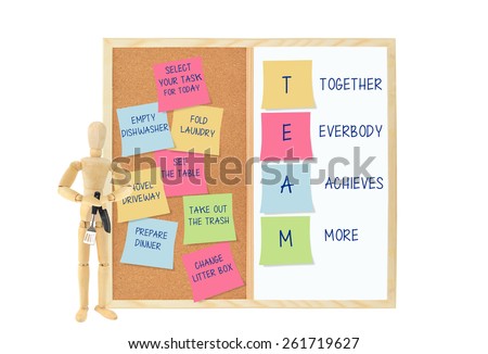 Team (Together Every Achieves More) Post it notes with tasks: laundry, cook, take out trash, empty dishwasher. Mannequin holding kitchen utensils isolated on white background