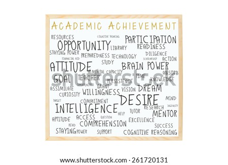 Academic Achievement dry white board: success, brain power, desire, curiosity, participation, question, diligence, goal, resources, opportunity white board isolated on white background