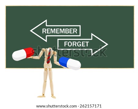 Chalkboard Remember Forget arrows red tie Mannequin with Red and Blue pills isolated on white background