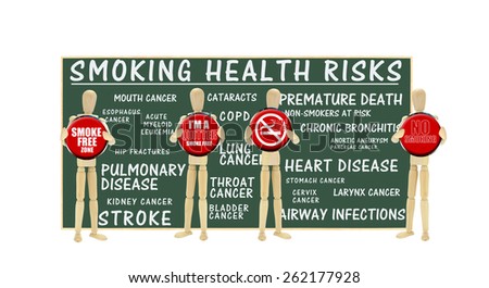 Mannequins holding stop/ quit smoking buttons: Smoking Health Risks blackboard: Heart, Pulmonary Disease, Stroke, Bronchitis, Aneurysm, Esophagus, Throat, Cervix Cancer, Non-Smokers at Risk, Cataracts