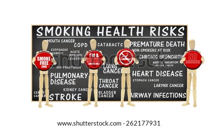 Mannequins holding stop/ quit smoking buttons: Smoking Health Risks blackboard: Heart, Pulmonary Disease, Stroke, Bronchitis, Aneurysm, Esophagus, Throat, Cervix Cancer, Non-Smokers at Risk, Cataracts