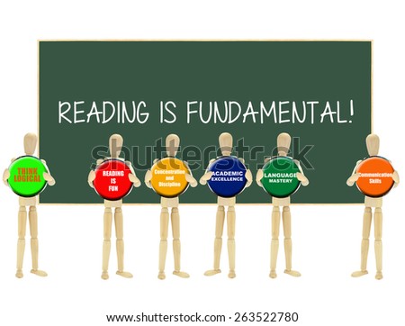 Reading is Fundamental! Mannequin with buttons: Logical Thinking, Reading is Fun, Concentration / Discipline, Academic Excellence, Language Mastery, Communication Skills
