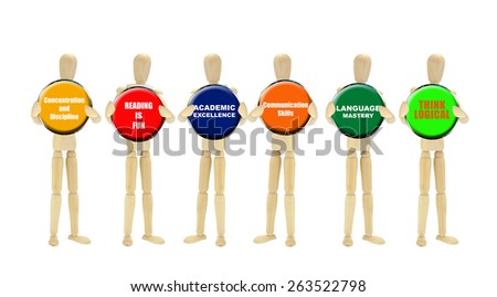 Mannequins holding buttons: Logical Thinking, Reading is Fun, Concentration / Discipline, Academic Excellence, Language Mastery, Communication Skills