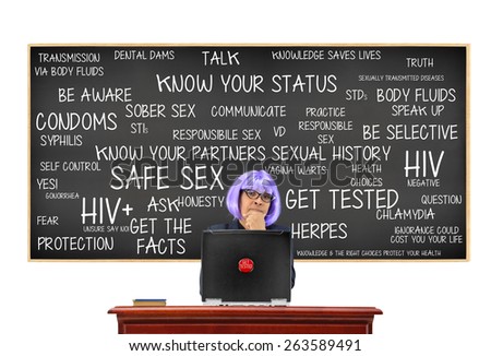Safe Sex Blackboard: Know Your Partners History, Get Tested, Responsible Sex, HIV, Speak, Protect, Question, Fear, Knowledge, Get the Facts isolated on white background