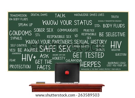 Safe Sex Blackboard: Know Your Partners History, Get Tested, Responsible Sex, HIV, Speak, Protect, Question, Fear, Knowledge, Get the Facts isolated on white background