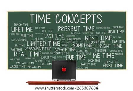 Time Concepts chalkboard: Present, Best, Limited, Last, Lifetime, Flex, Reasonable, Actual, Due, Real, pasttime, alone, bedtime, wintertime, worst, idle, good, spring, overtime, crazy, peace, donate