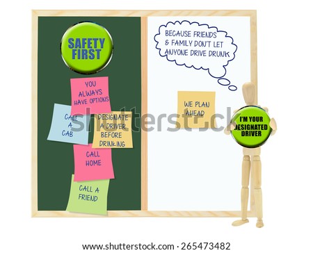 Designated Driver: Family and Friends don\'t let anyone drive drunk: chalkboard with Safety first post its (you always have options, call home, call friend, call a cab