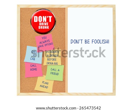 Don\'t be foolish: Plan Ahead / Don\'t Drive drunk Cork board whiteboard post it notes  (you always have options, call home, call friend, call a cab)