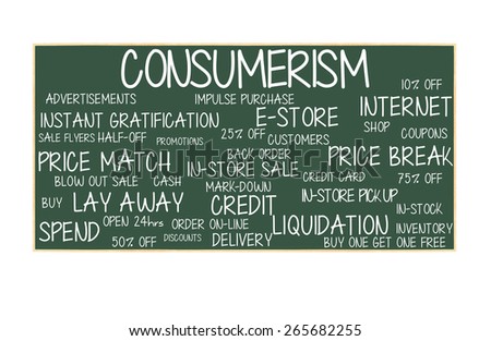 Consumerism blackboard: Buy, Price Break, Lay Away, Liquidation, e-store, Internet, Impulse spending, credit card, Back Order, Spend, Ads, isolated on white background