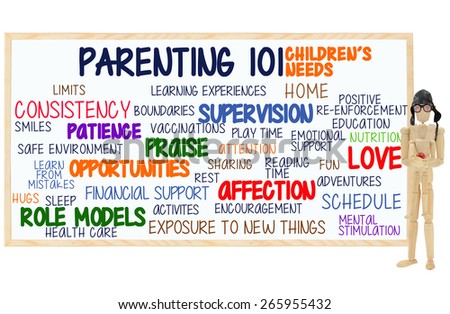 Parenting 101 Children Need Whiteboard: Love, Consistency, Affection, Role Models, Praise, Financial Support, Education, Healthcare, Opportunities, Schedule, Rest, Smile, Fun. Mannequin holding child