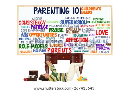 Woman with cell phone toys  under desk Parenting 101 Children Need: Love, Attention, Hugs, Discipline, Manners, Patience,Exercise, Nutrition, Health Care, Supervision, Encouragement, Home,