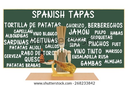 Spanish Tapas Blackboard: Jamon (Cured Ham), Aceitunas (olives), Vino Tinto (Red Wine) Albondigas (meatballs), Queso (Cheese), Marisco (Shellfish), Cerveza (Beer) Croqueta (Crouquet)