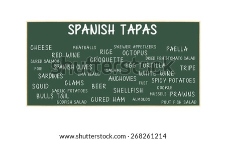 Spanish Tapas Blackboard: Anchovies, Cured Ham, Mussels, Shellfish, Rice, Tortilla, Sardines, Red Wine, White Wine, Octopus, Skewer Appetizers, Cockle, Almonds, Bulls Tail, Squid, Foie,