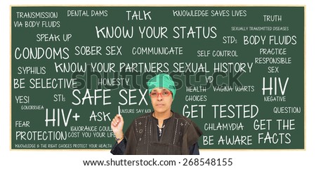 Teacher pointing to Safe Sex Chalkboard: Get Tested, Know Your Status, Get Facts, Protection, Question, Responsible Sex, Truth, Be Aware, Unsure Say No, Sober Sex