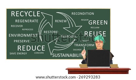 Recycle, Reduce, Reuse Chalkboard Teacher at desk with laptop classroom isolated on white background