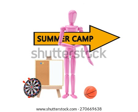 Pink Mannequin holding Summer Camp Arrow pointing right with chalk board white board dart board, basketball isolated on white background