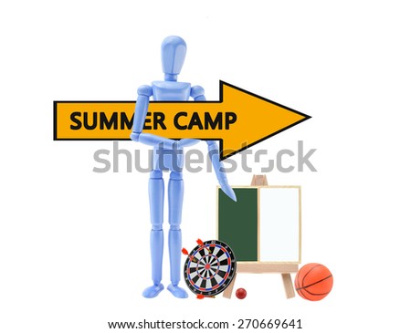 Blue Mannequin holding Summer Camp Arrow pointing right with chalk board white board dart board, basketball isolated on white background