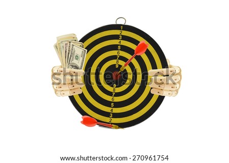 Mannequin hands holding yellow and black target dart board with red darts and one hundred dollar bills  isolated on white background