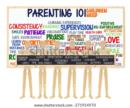 Parenting 101 Children Need: Patience, Home, Affection, Supervision, Consistency, Opportunity, Safe Environment, Attention, Healthcare, Financial Emotional Support, Love, Mannequins hands on shoulders