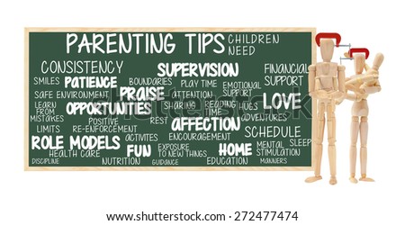 Parenting Tips Children Need: Supervision, Love, Time, Attention, Responsible Parents, Role Models, Opportunities, Home, Consistency. Adult Mannequins in head vice grip holding children Mannequins