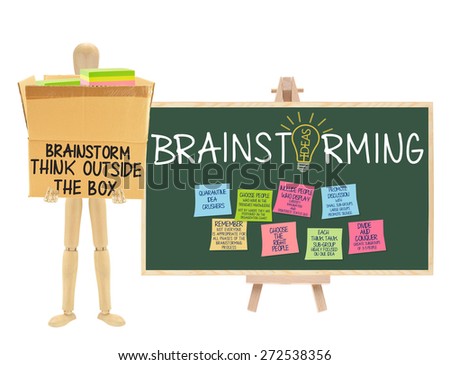 Brainstorm Think Outside the Box Mannequin Chalkboard (Choose the right People, Promote Discussion, Quarantine Idea Crushers, Include People with Curiosity)  isolated on white background