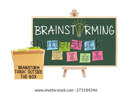 Think Outside the Box Brainstorming Blackboard Post it Notes: Choose the Right People, Quarantine Idea Crushers, Promote Discussion, Focused Think Tank Groups