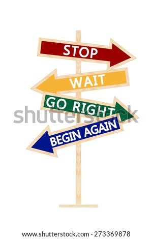 Directional Arrows (stop, wait, go right, begin again) wood isolated on white background