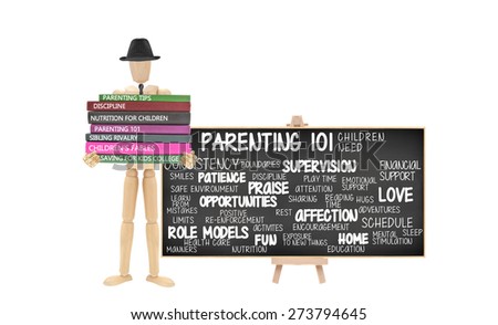 Parenting 101 Blackboard Mannequin stack of Books Parenting Tips, Discipline, Nutrition, Sibling Rivalry, Children\'s Fables, Saving for Kids College isolated on white background