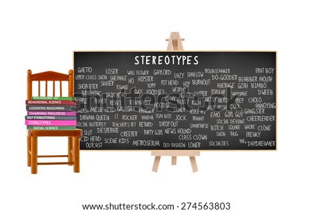 Stereotypes Blackboard: Geek, Nerd, Jock, Metrosexual, Hippy, Bimbo, Outcast, Dropout, EMO, Skater, Prep, Square, Ghetto, Drama Queen. Books on Chair (Psychology, Social Science, Behaviorial)