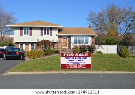 Real estate for sale open house welcome sign Beautiful High Ranch Brownstone Home Sunny Clear Blue Sky residential neighborhood USA