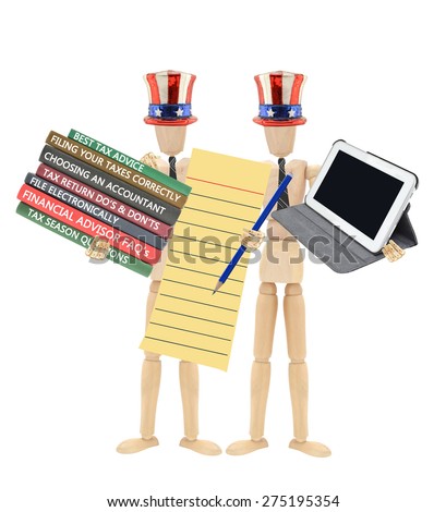 Tax Season Stack of Books( Best Tax Advise, Choosing Accountant, Filing, Do\'s and Don\'ts, Financial Advisor)Mannequin wearing tie holding Digital Tablet