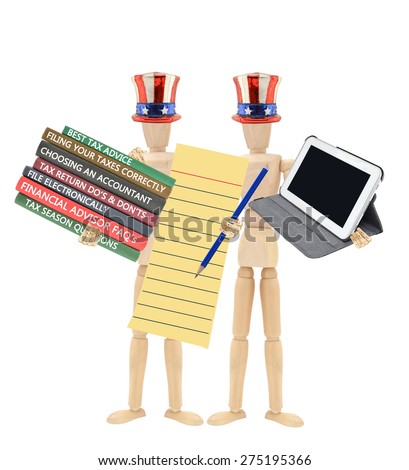 Tax Season Stack of Books( Best Tax Advise, Choosing Accountant, Filing, Do\'s and Don\'ts, Financial Advisor)Mannequin wearing Patriotic Hat tie holding Digital Tablet