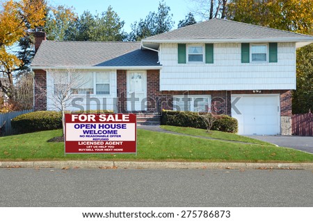 Real estate for sale open house welcome sign Suburban High Ranch Home Twilight Autumn Day Residential Neighborhood USA