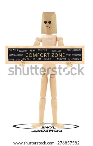 Comfort Zone Circle Blackboard Sign Brown Paper Bag on head Wood Mannequin isolated on white background