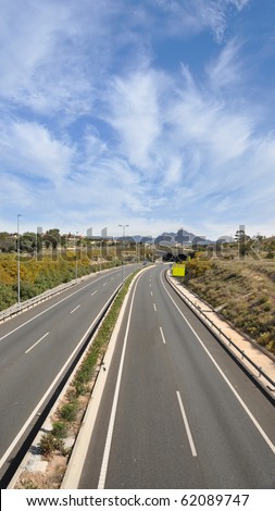 Two Lane Mediterranean Highway Tunnel Alicante Puig Compana Mountain Blue Sky