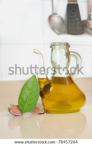 Olive Oil Garlic Cloves Green Basil Leaf