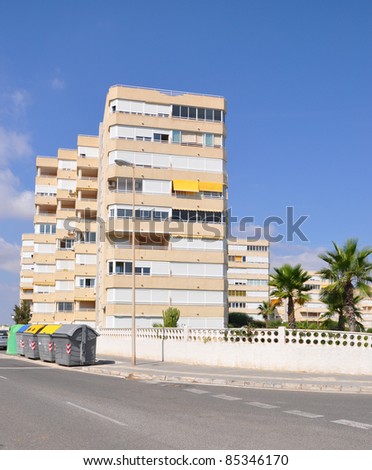 Trash Containers on Urban City Street for High Rise Apartments in Costa Blanca Alicante Spain Europe