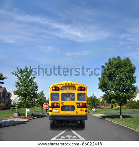 Children Crossing Traffic Sign School Bus with Happy Little Boy Inside on Suburban Residential Neighborhood Street