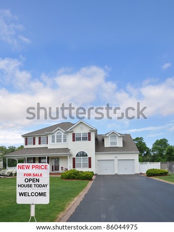 Real Estate For Sale Open House Welcome Sign on Front Yard Lawn of Suburban Residential Neighborhood Home Blue Cloud Sky