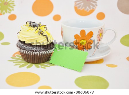 Chocolate Cupcake Tea Cup with Orange Flower Blank Green Tag